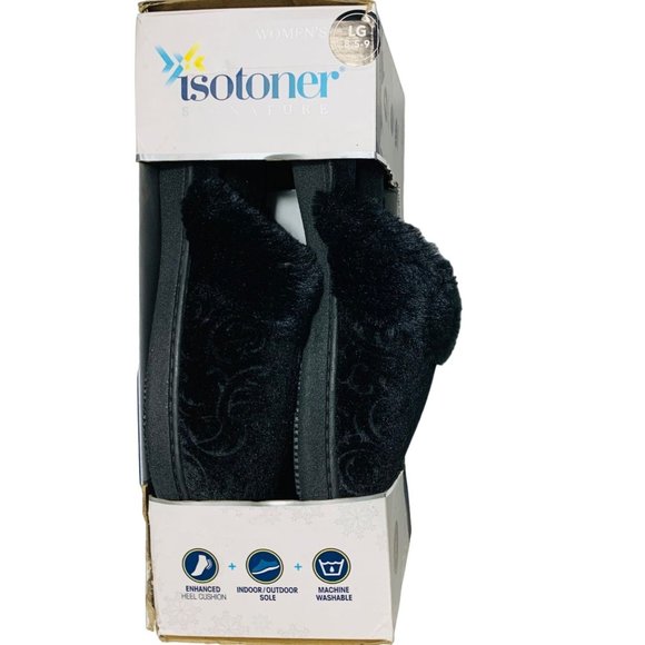 Isotoner Womens Slide Slippers Size L/9 Black Faux Fur Rose Pattern Memory Foam - Picture 8 of 11